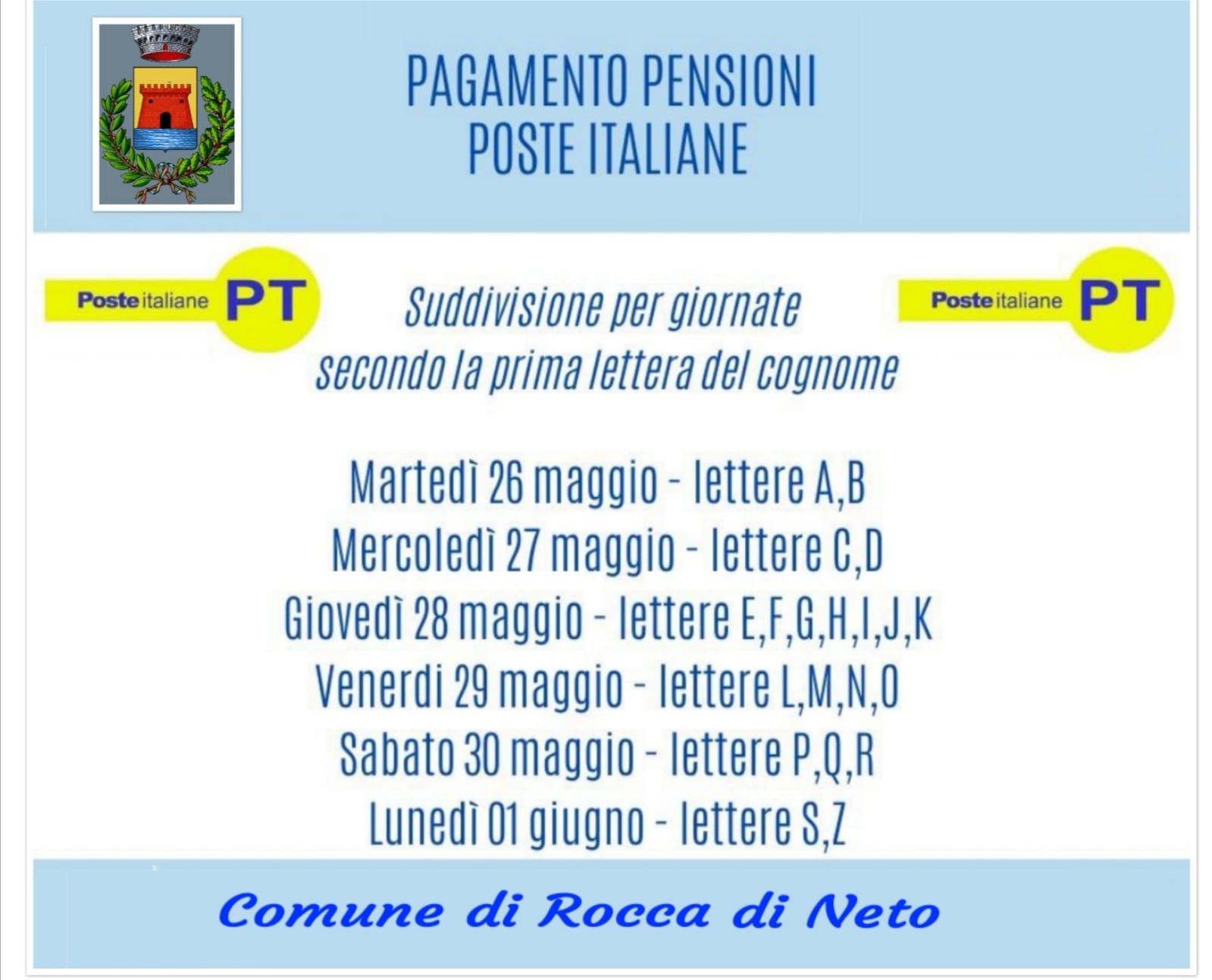 AVVISO: PAGAMENTO PENSIONI POSTE ITALIANE